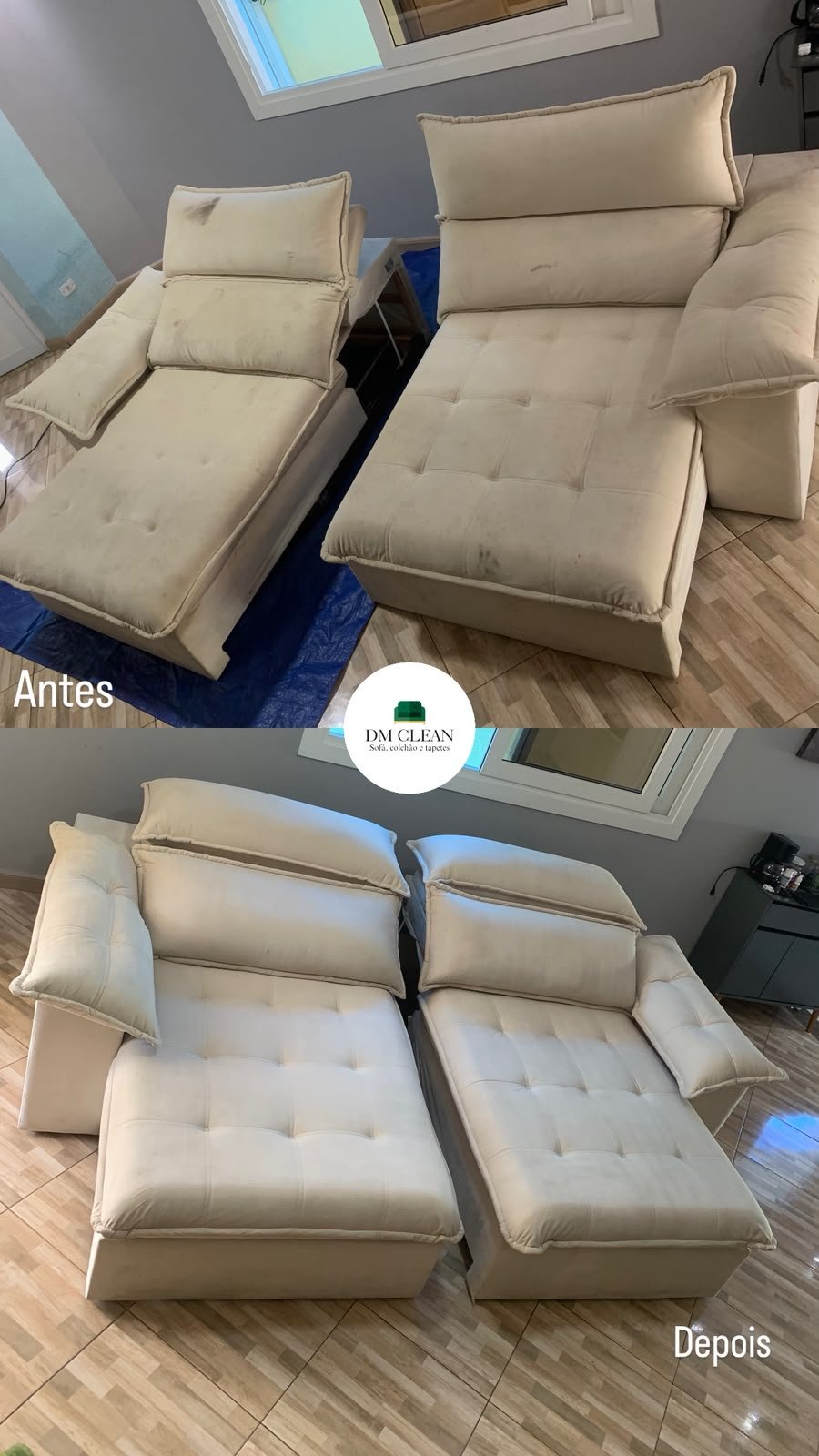 Antes e depois da higienização de um sofá claro
